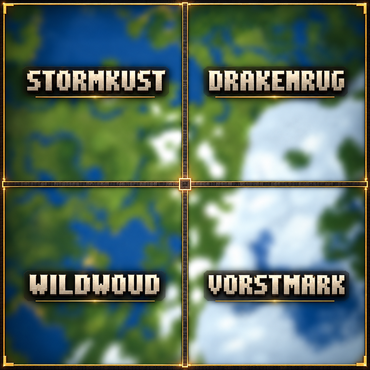 Geblurde kaart met scherpe muurscheidingen: Stormkust linksboven, Drakenrug rechtsboven, Wildwoud linksonder en Vorstmark rechtsonder.
